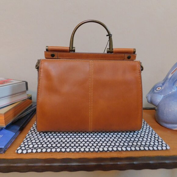 NWT Frye Farrah cognac leather satchel metal top handle tote bag crossbody purse - Picture 4 of 16